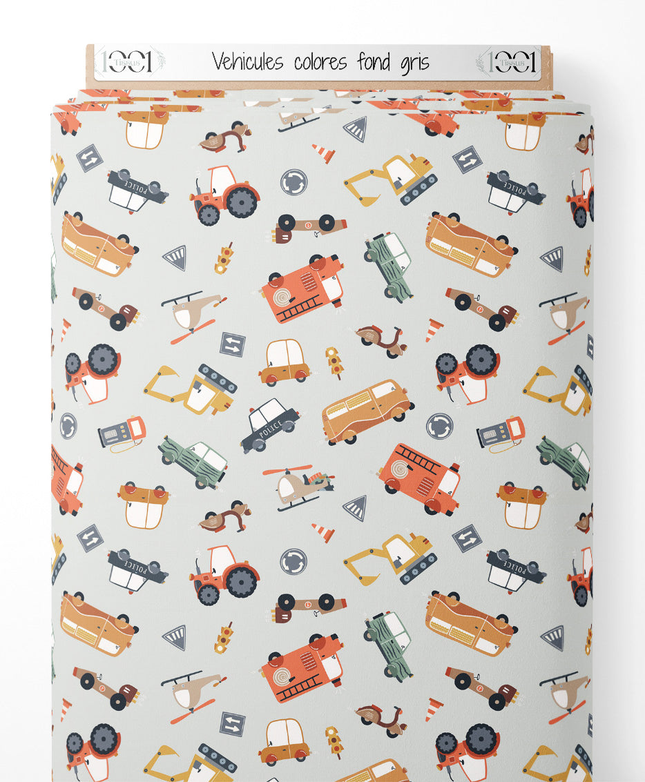 Tissu - Véhicules colorés sur fond gris