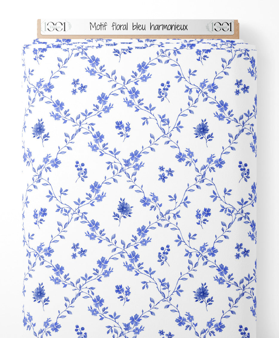Tissu - Motif floral bleu harmonieux