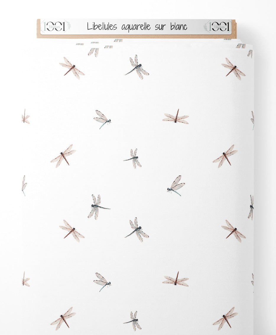 Tissu - Libellules aquarelle sur blanc