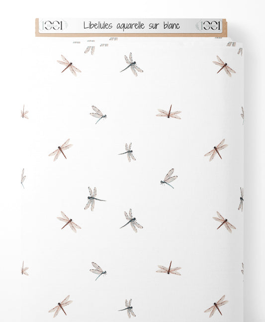 Tissu - Libellules aquarelle sur blanc