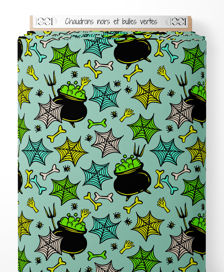 Tissu - Chaudrons noirs et bulles vertes