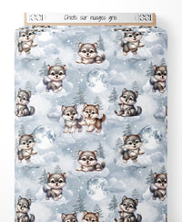 Tissu - Chiots sur nuages gris