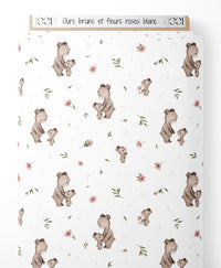 Tissu - Ours bruns et fleurs roses blanc
