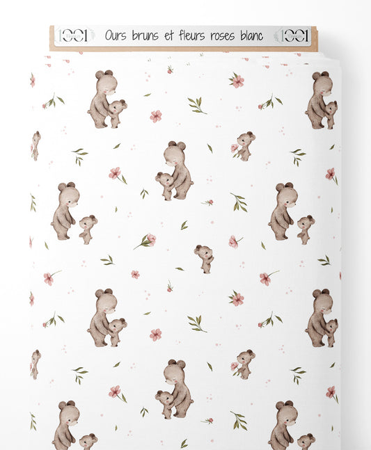 Tissu - Ours bruns et fleurs roses blanc