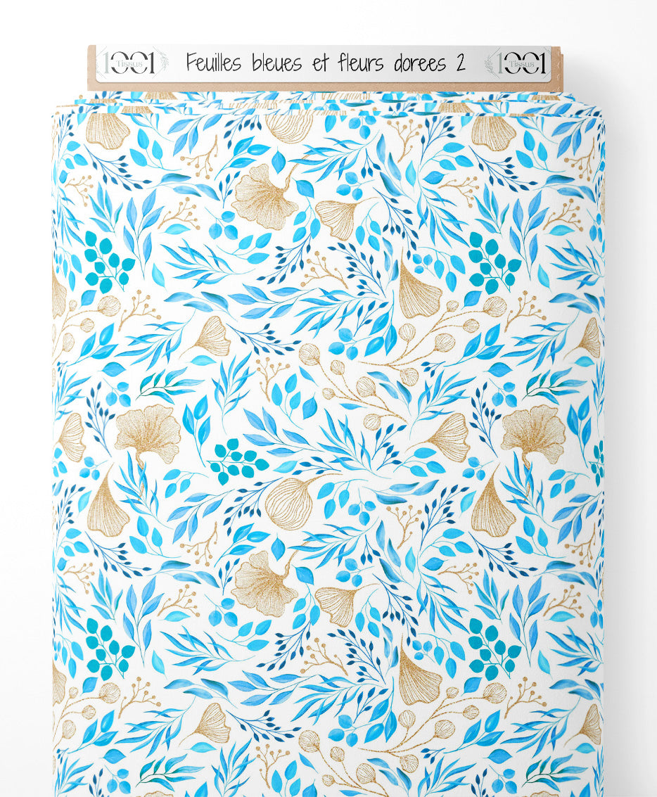 Tissu - Feuilles bleues et fleurs dorées 2