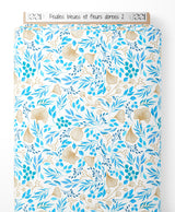 Tissu - Feuilles bleues et fleurs dorées 2