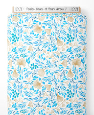 Tissu - Feuilles bleues et fleurs dorées 2