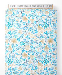 Tissu - Feuilles bleues et fleurs dorées 2