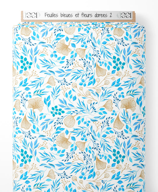Tissu - Feuilles bleues et fleurs dorées 2