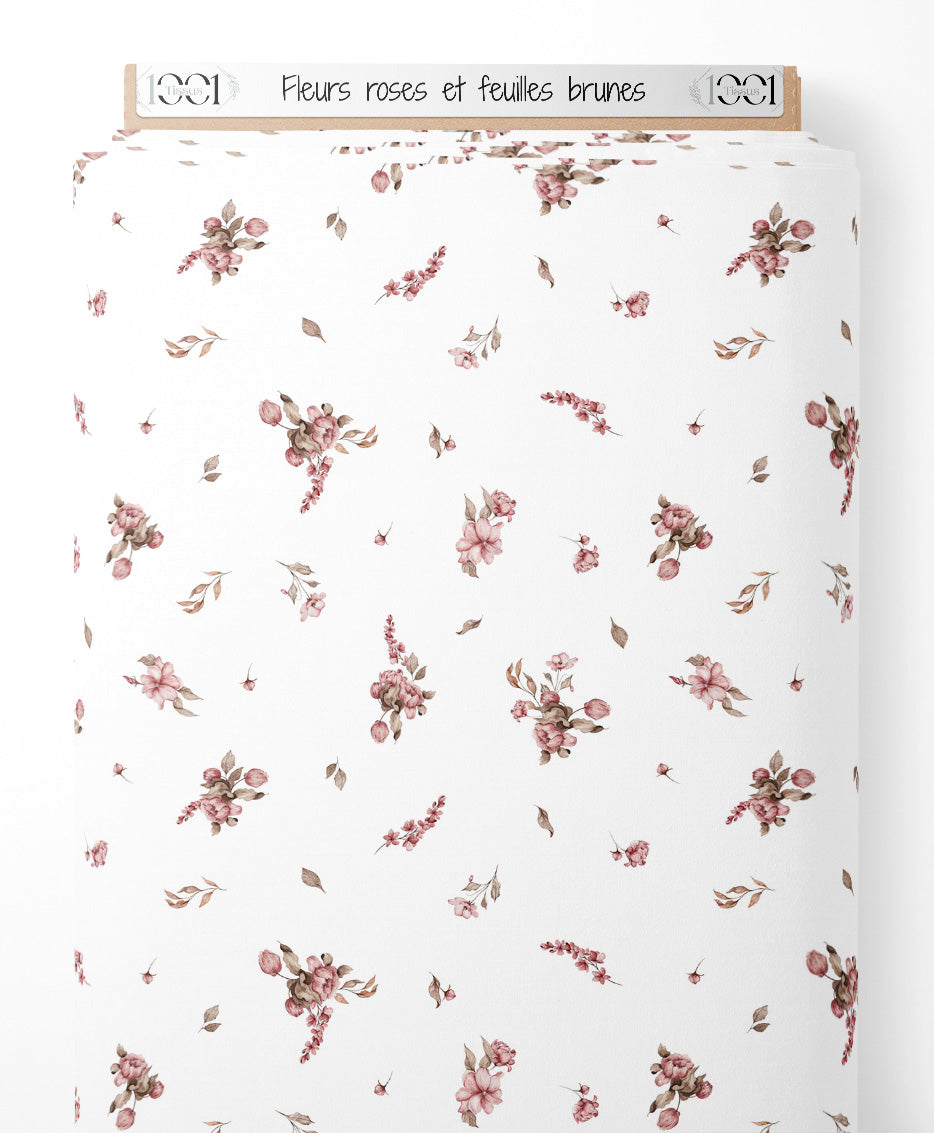 Tissu - Fleurs roses et feuilles brunes