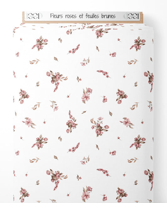 Tissu - Fleurs roses et feuilles brunes