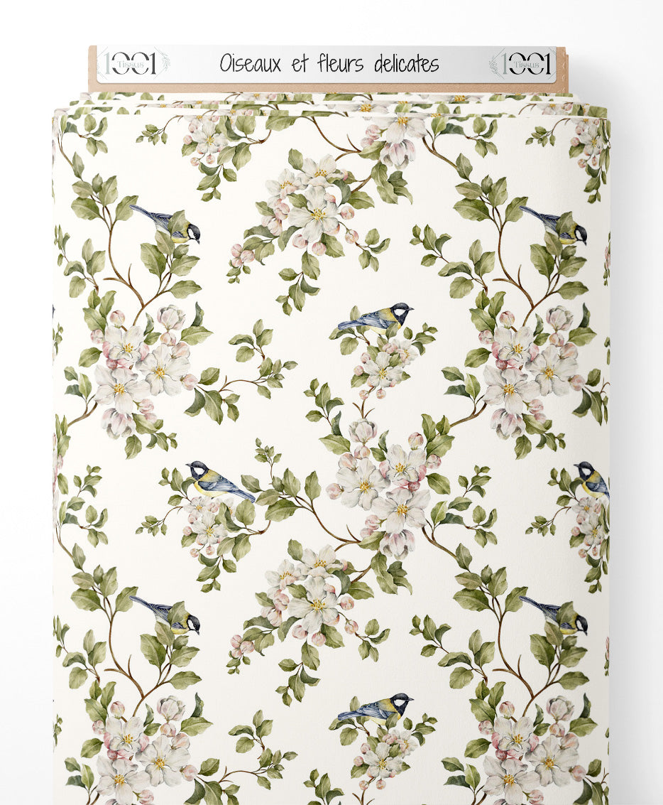 Tissu - Oiseaux et fleurs délicates