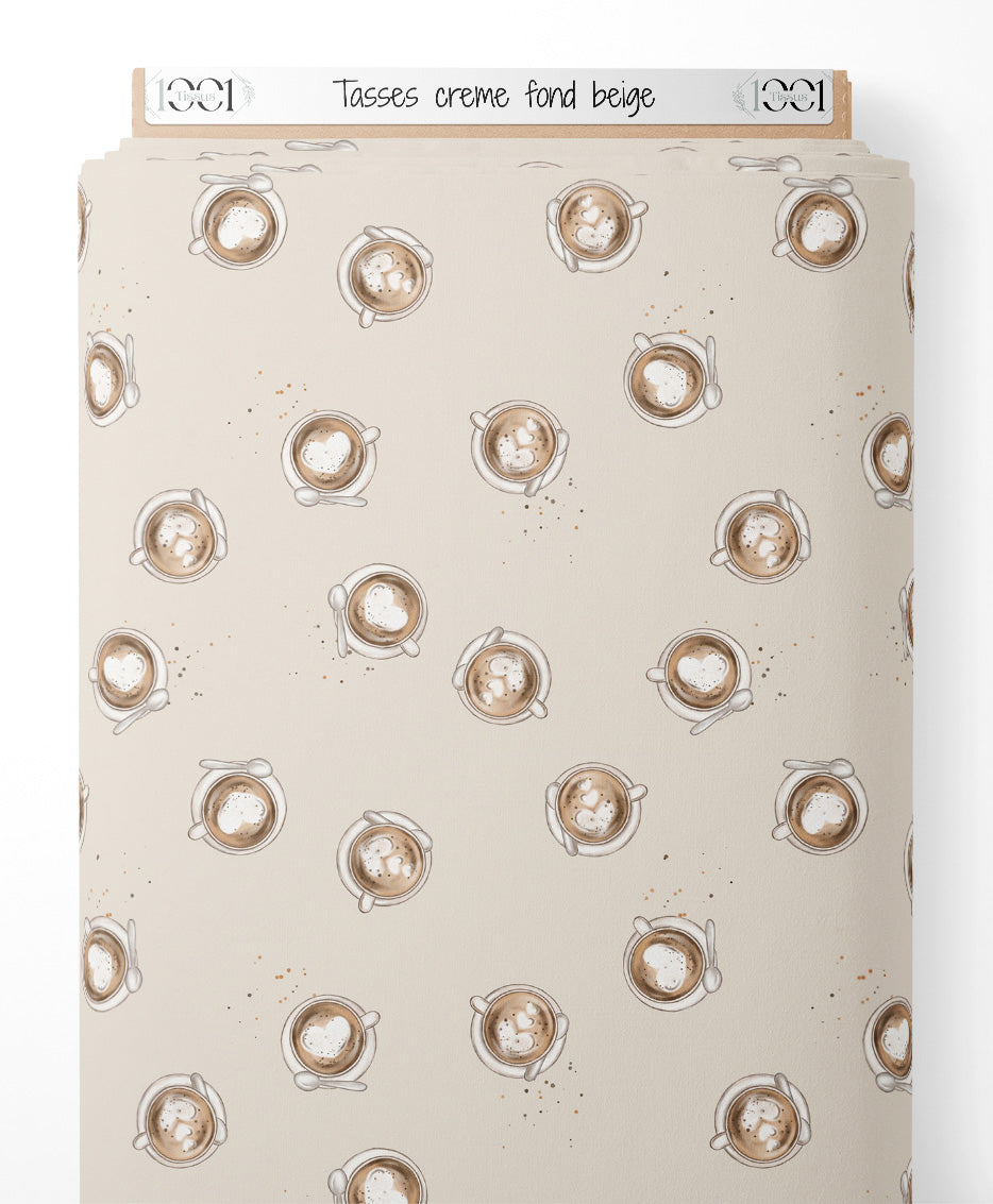 Tissu - Tasses crème sur fond beige