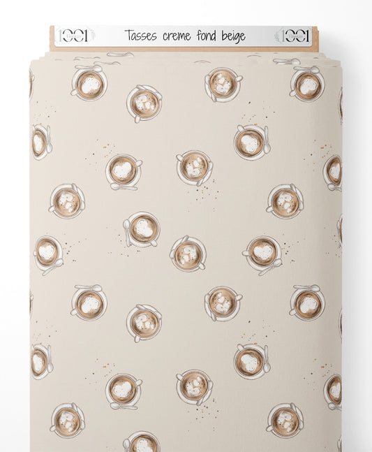 Tissu - Tasses crème sur fond beige