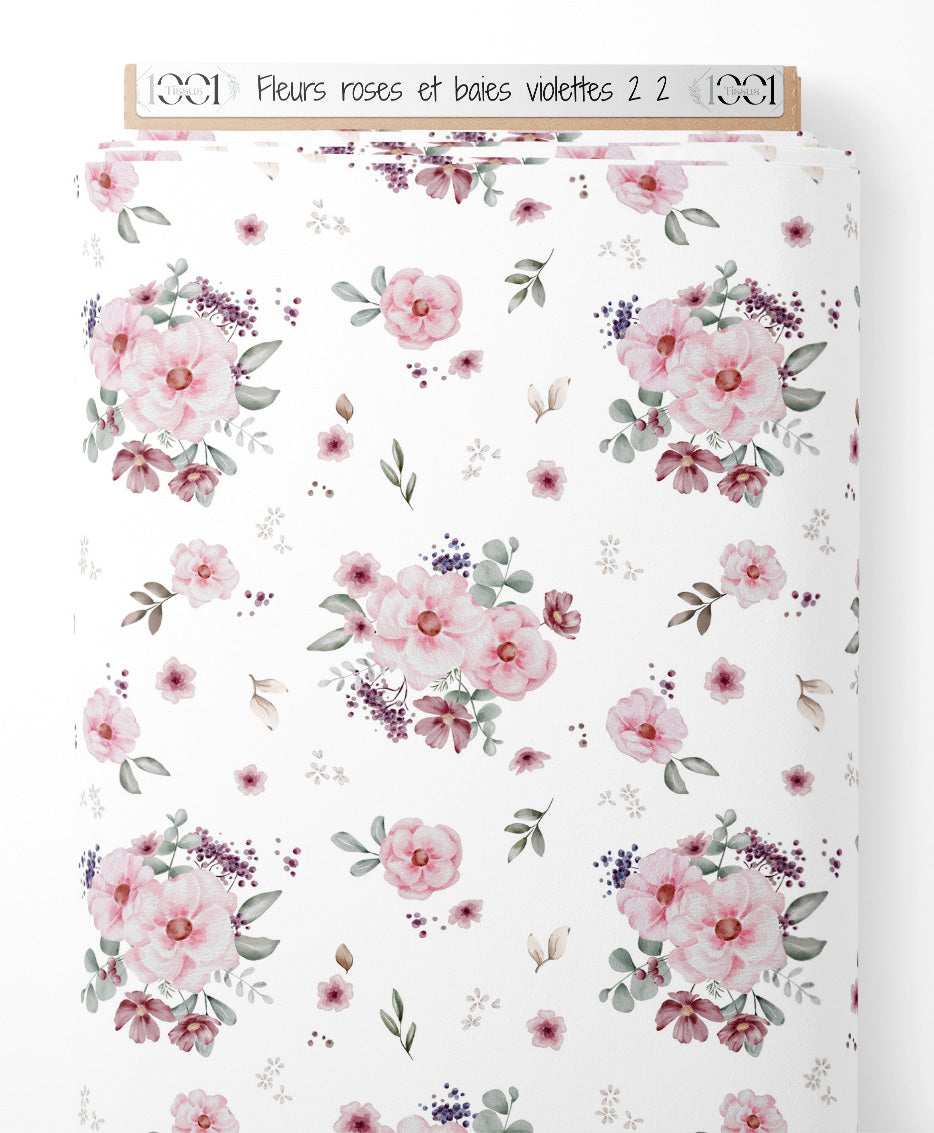 Tissu - Fleurs roses et baies violettes 2 2