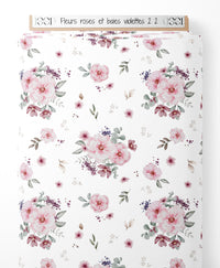 Tissu - Fleurs roses et baies violettes 2 2