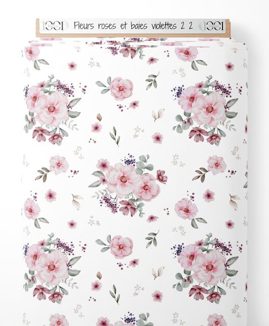 Tissu - Fleurs roses et baies violettes 2 2