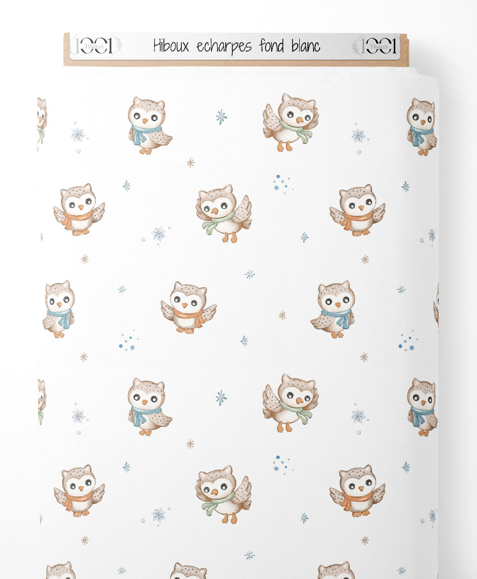 Tissu - Hiboux écharpes fond blanc
