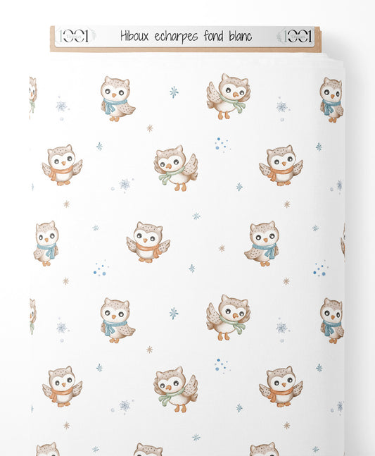 Tissu - Hiboux écharpes fond blanc