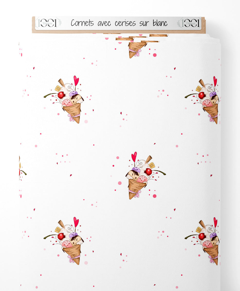 Tissu - Cornets avec cerises sur blanc