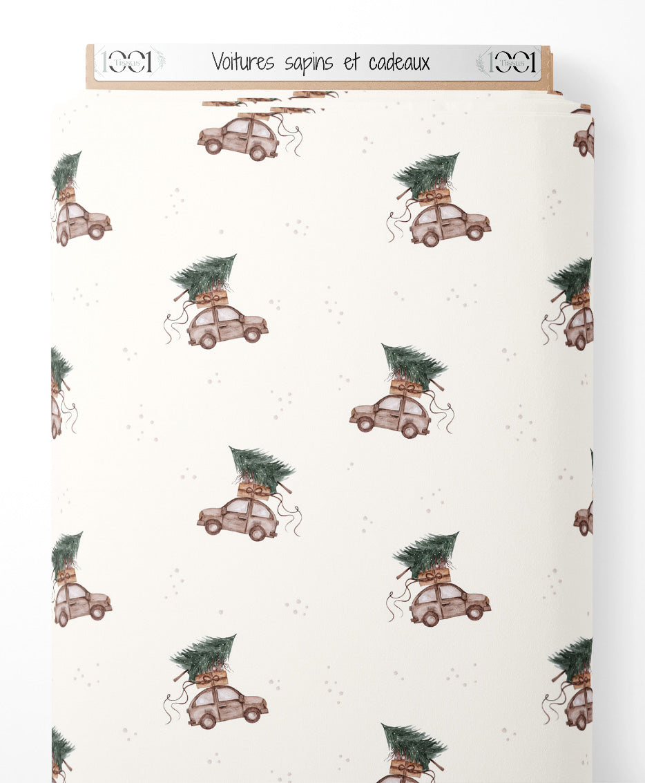 Tissu - Voitures sapins et cadeaux