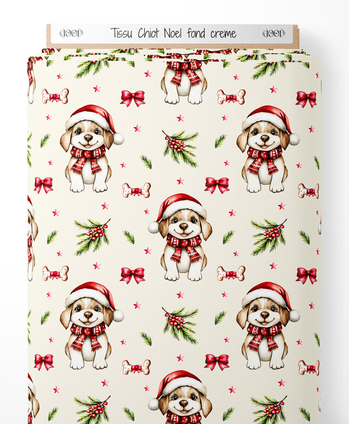 Tissu - Chiot Noel fond creme