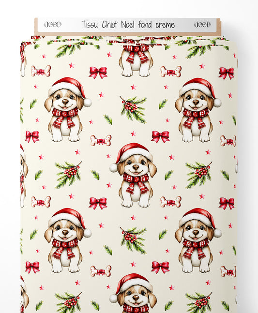 Tissu - Chiot Noel fond creme
