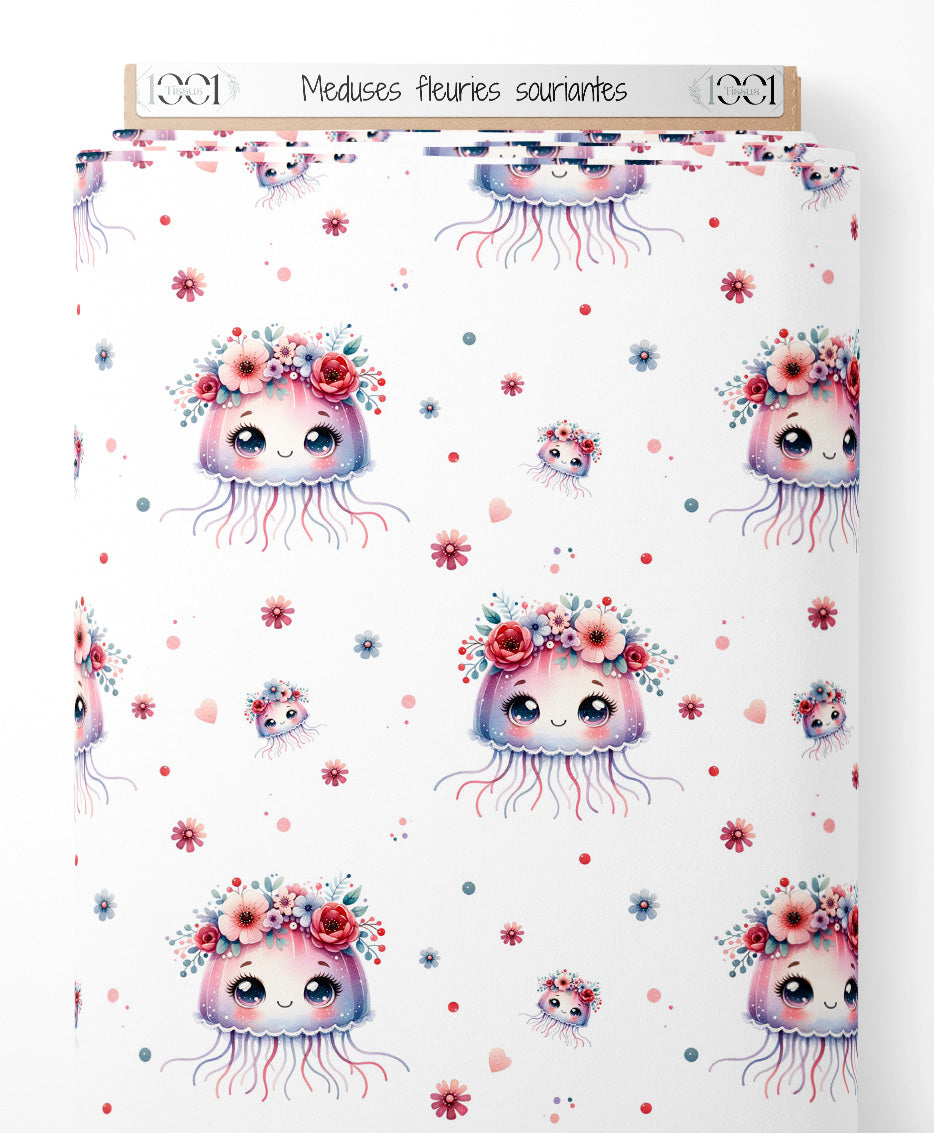 Tissu - Méduses fleuries souriantes