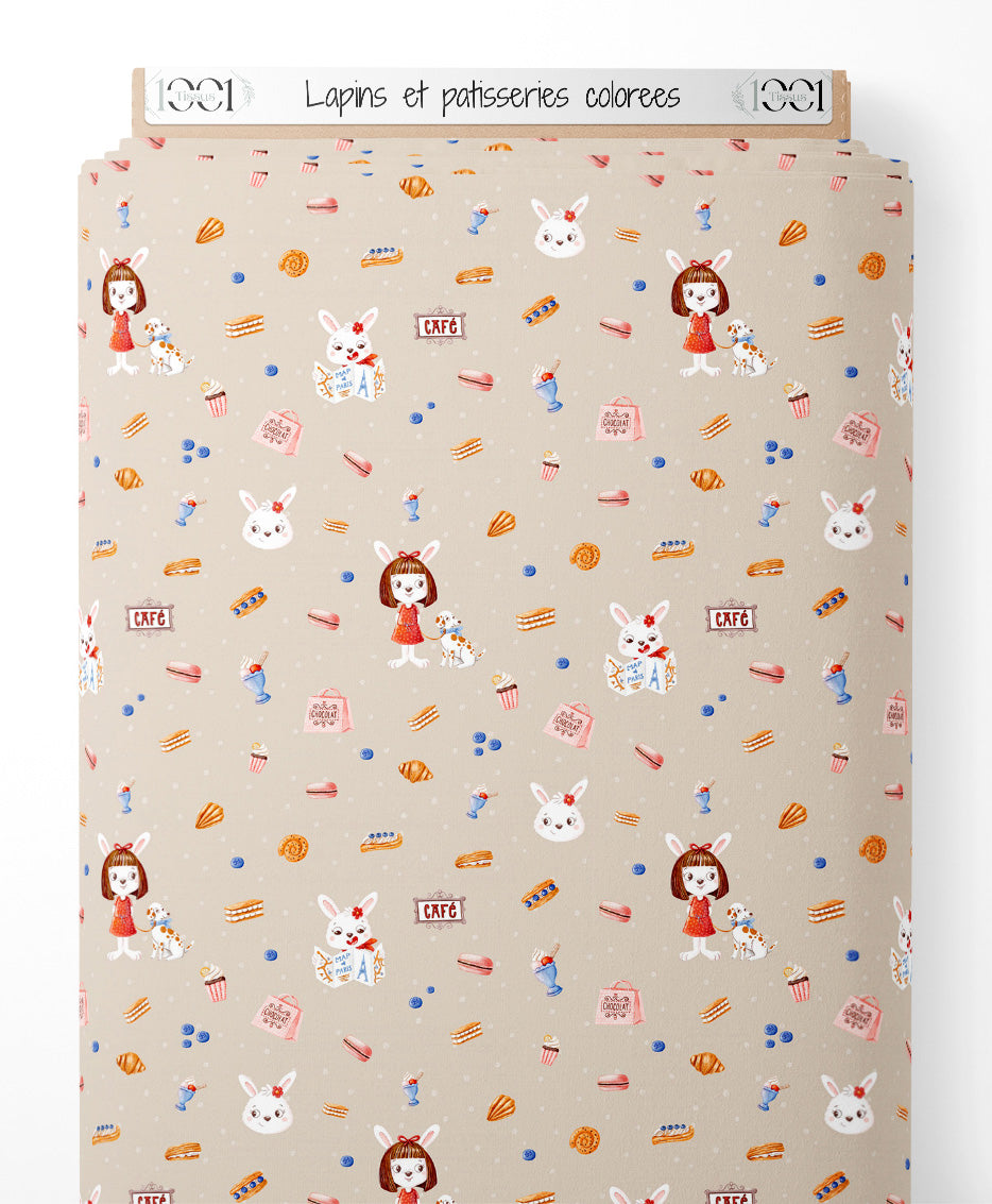 Tissu - Lapins et pâtisseries colorées