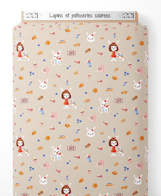 Tissu - Lapins et pâtisseries colorées