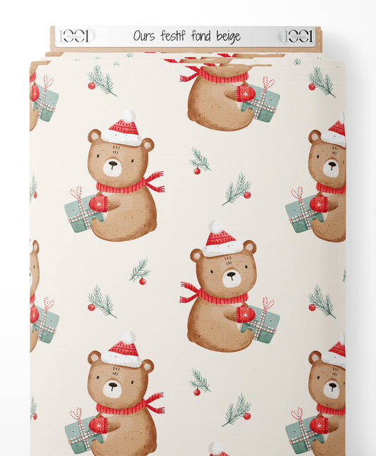 Tissu - Ours festif sur fond beige