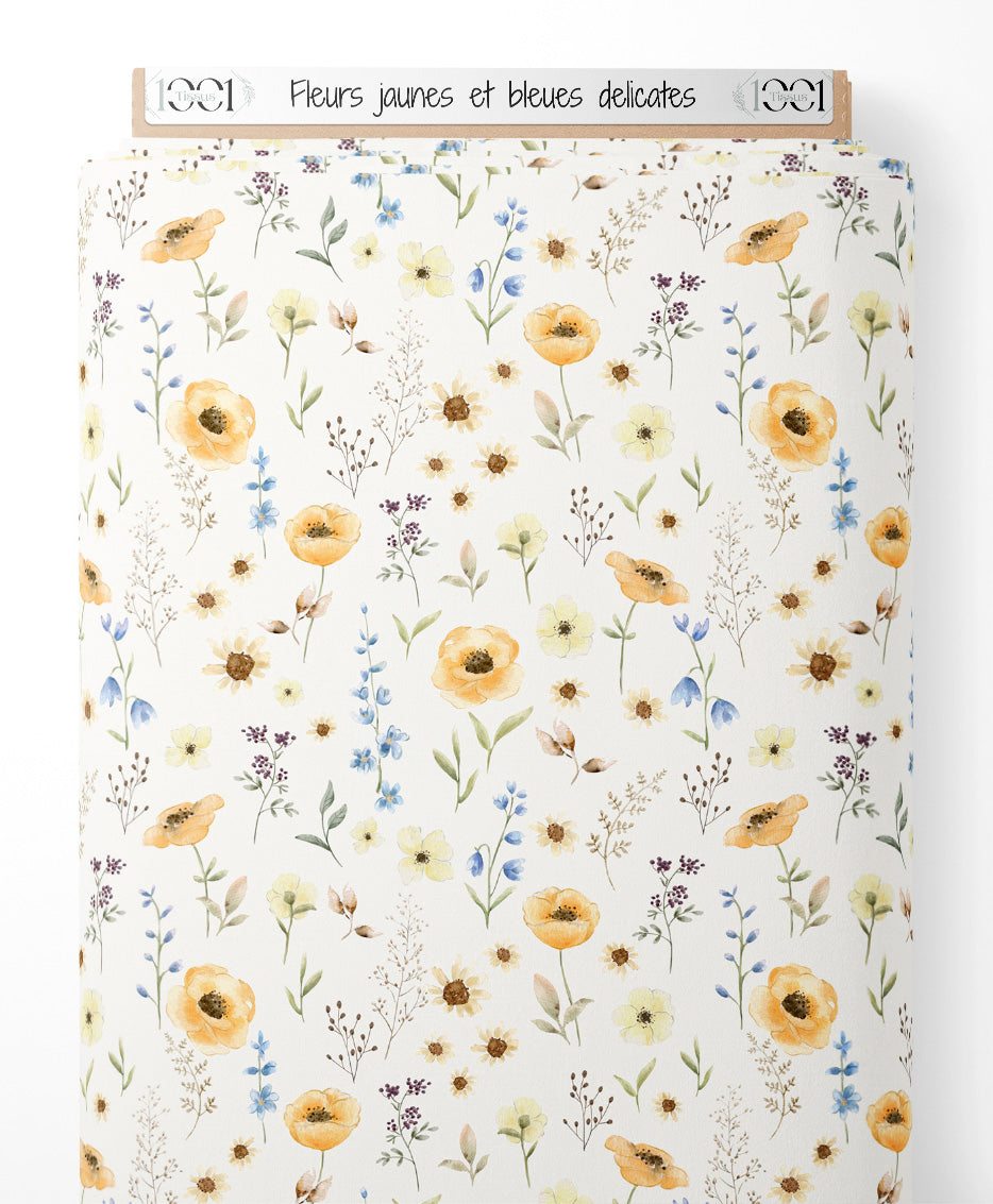 Tissu - Fleurs jaunes et bleues délicates