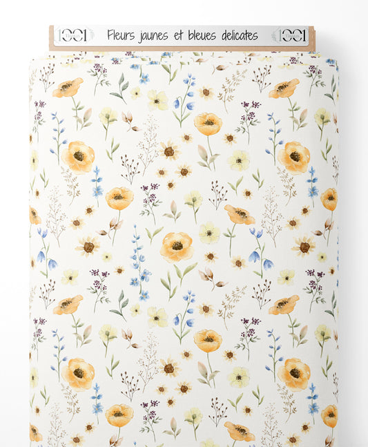 Tissu - Fleurs jaunes et bleues délicates