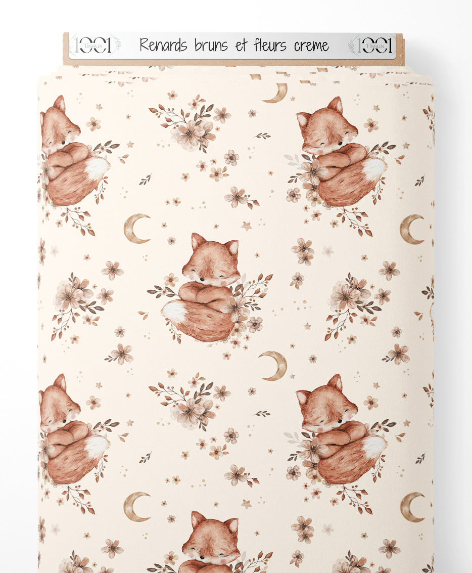 Tissu - Renards bruns et fleurs crème