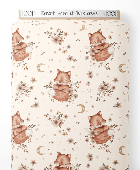 Tissu - Renards bruns et fleurs crème