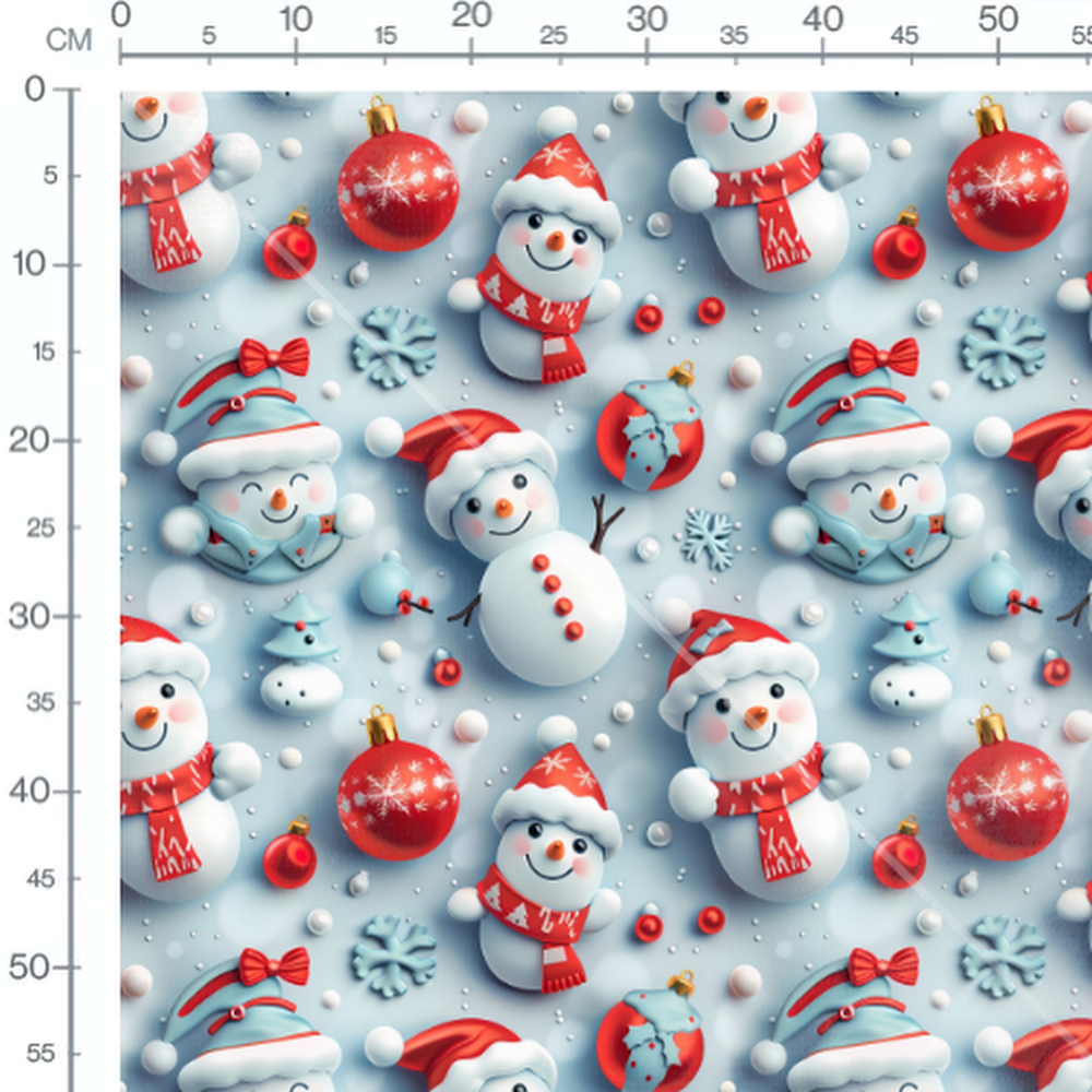 Tissu - bonhommes de neige et boules rouges 3D