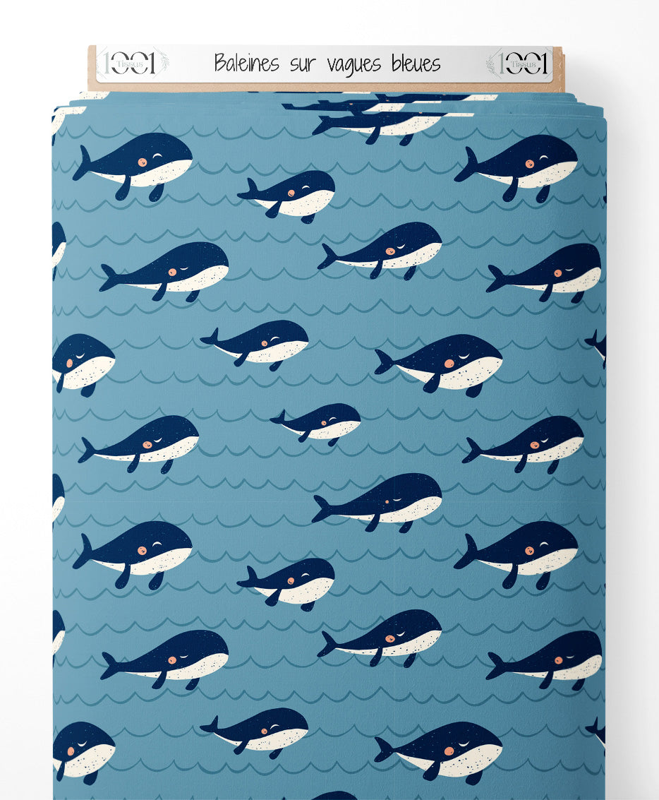 Tissu - Baleines sur vagues bleues