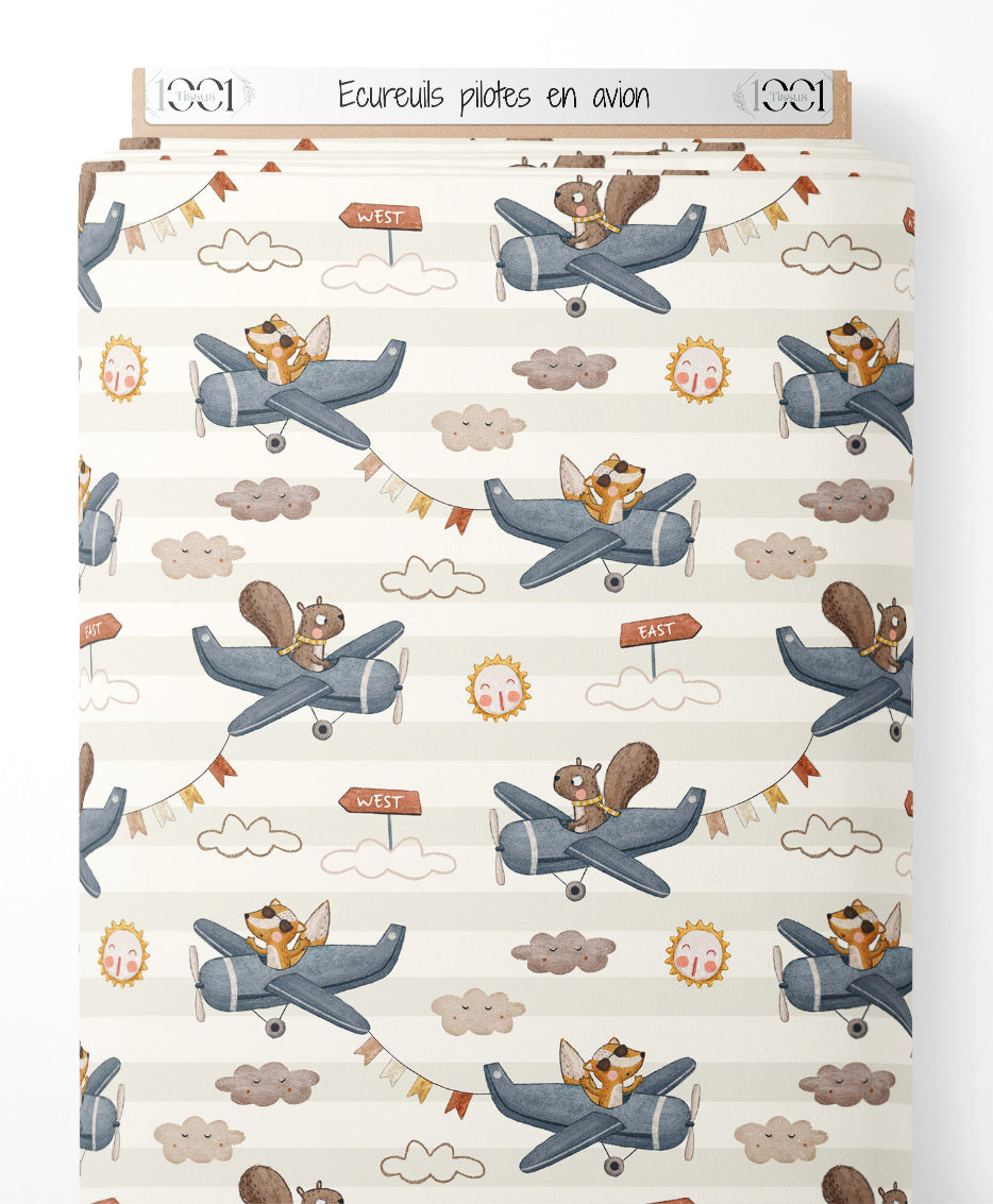 Tissu - Écureuils pilotes en avion