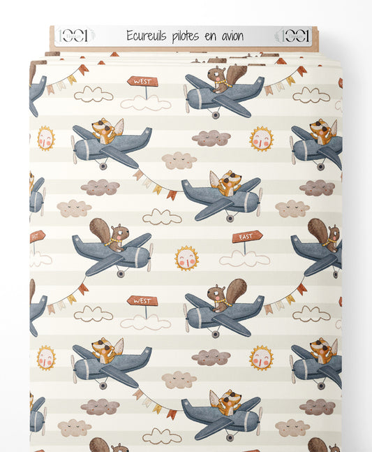 Tissu - Écureuils pilotes en avion