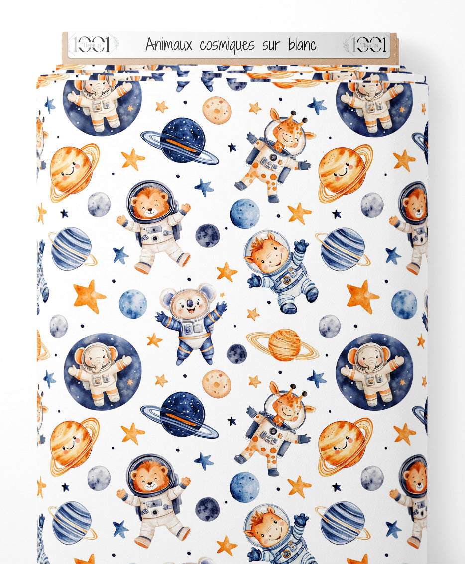 Tissu - Animaux cosmiques sur blanc