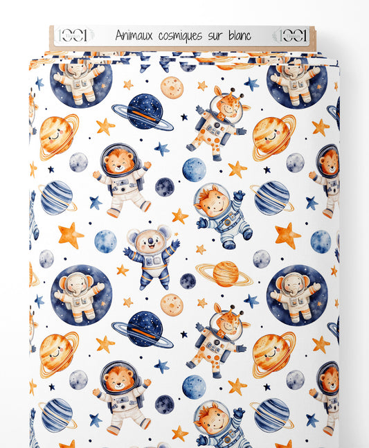 Tissu - Animaux cosmiques sur blanc