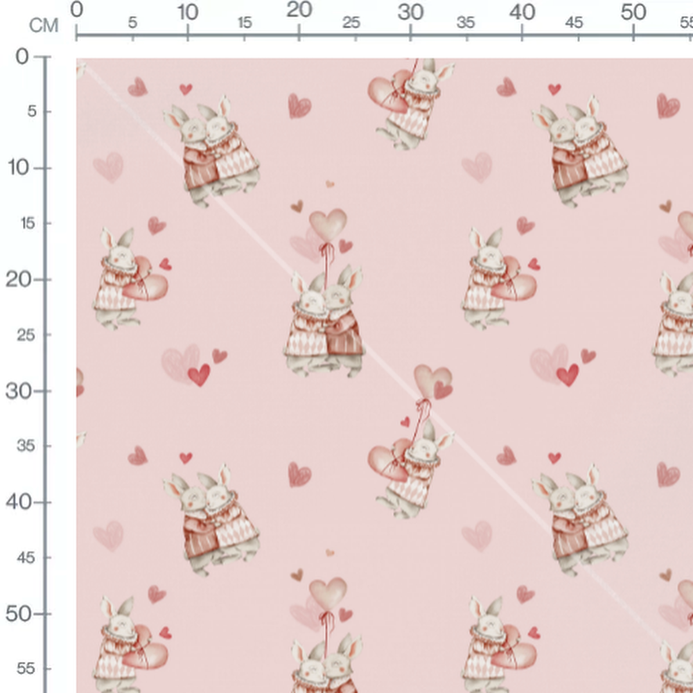 Tissu - Lapins avec cœurs sur rose