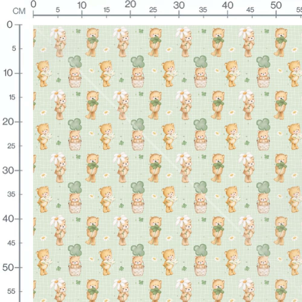 Tissu - Oursons et fleurs sur fond vert