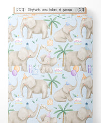Tissu - Éléphants avec ballons et gâteaux
