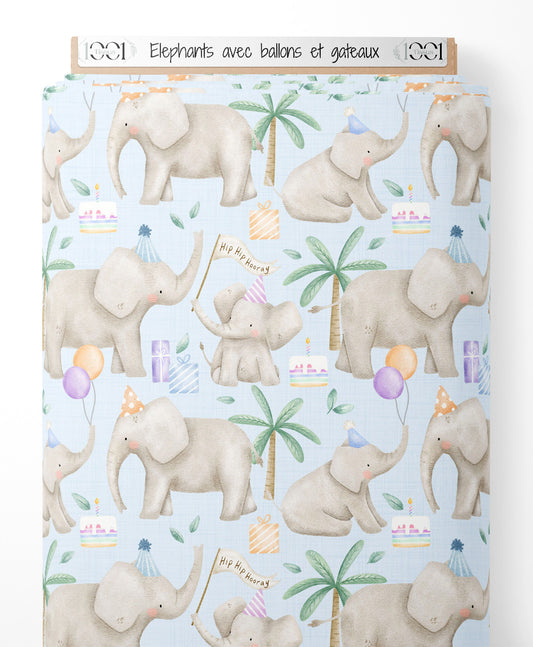 Tissu - Éléphants avec ballons et gâteaux