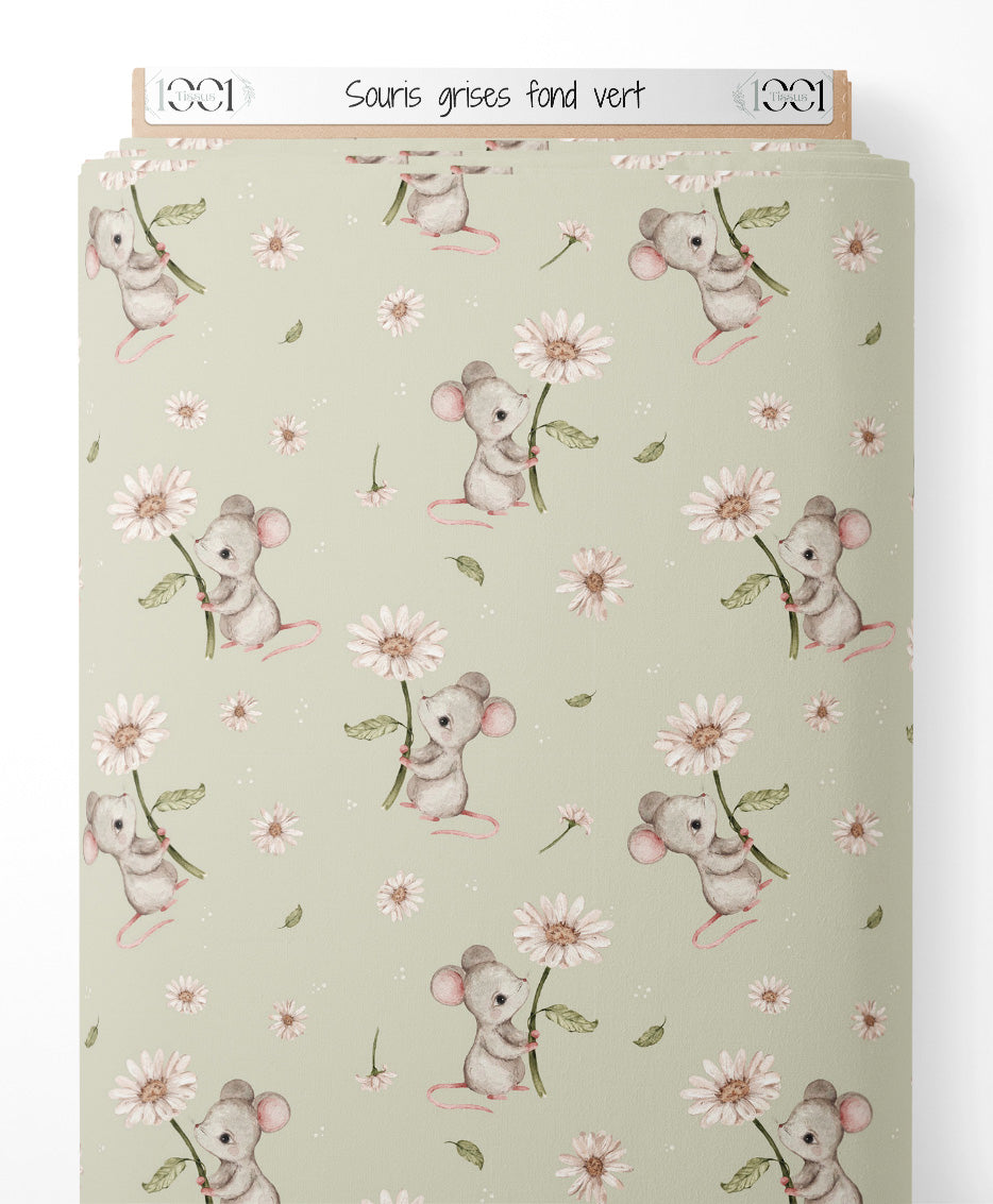 Tissu - Souris grises sur fond vert