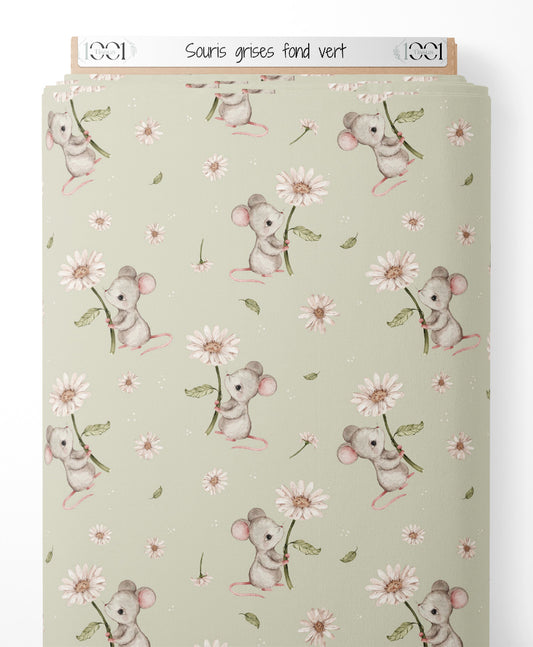 Tissu - Souris grises sur fond vert