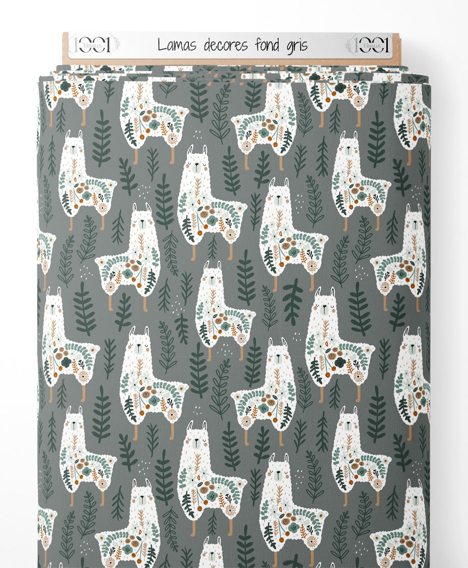 Tissu - Lamas décorés sur fond gris