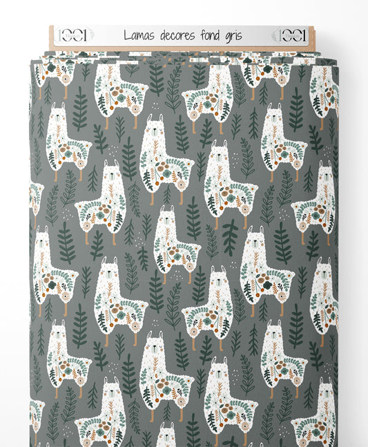 Tissu - Lamas décorés sur fond gris