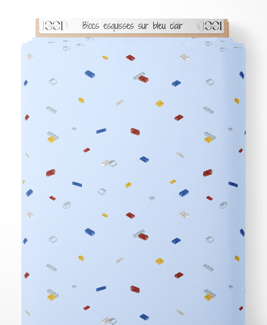 Tissu - Blocs esquissés sur bleu clair